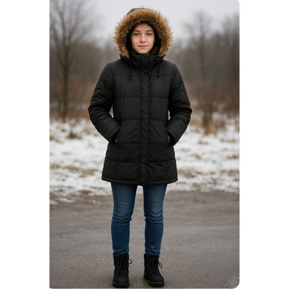 Gap Factory Black Quilted Outerwear Coat Removable Fur Hood XXL - Picture 9 of 9